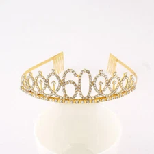 Gold Metal Rhinestone Age 60 Birthday Princess Tiara Crown Headband Accessory