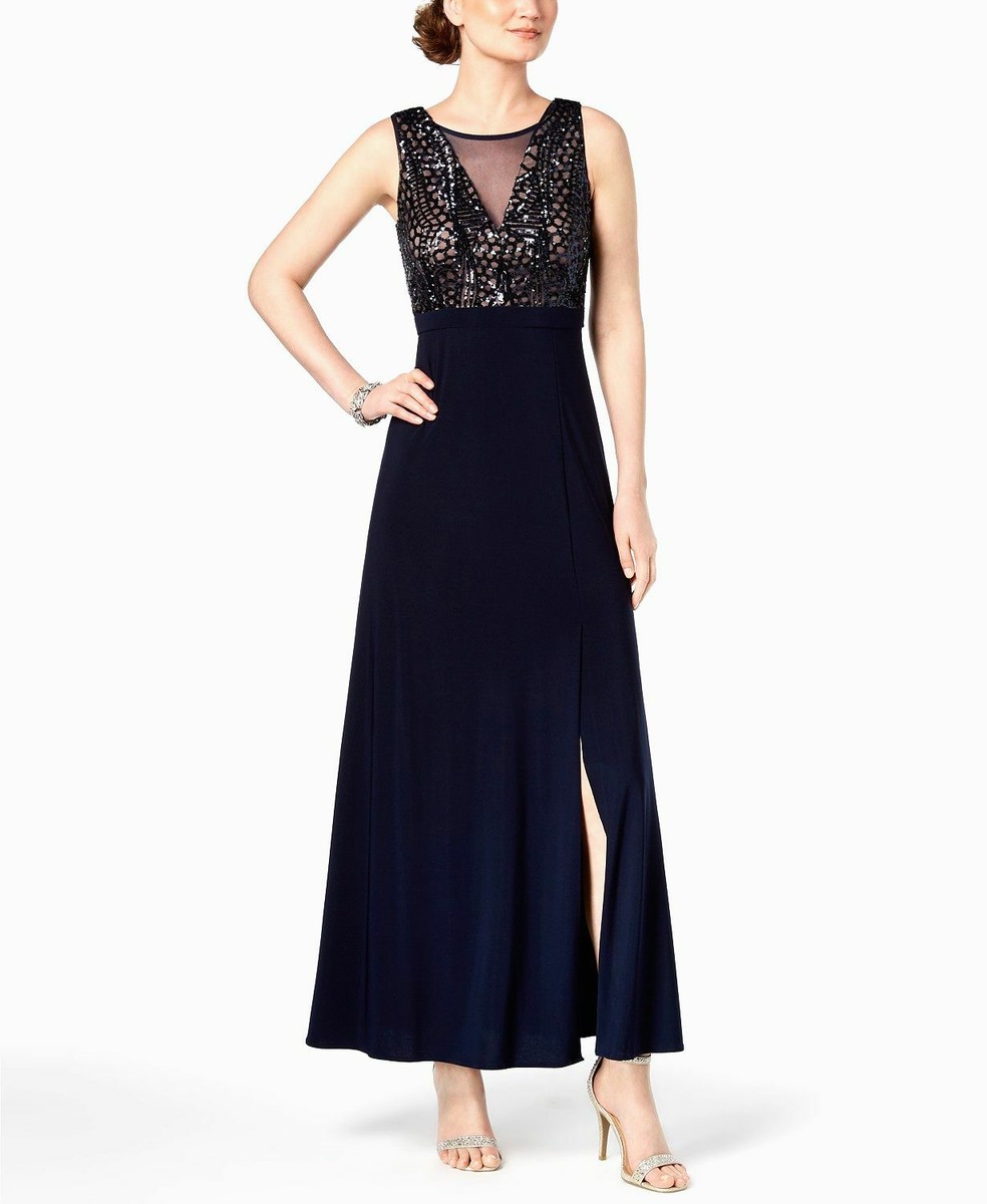 nightway navy blue dress $199 Nightway Women's Blue Sequined Mesh V-Neck A-Line Gown Formal Dress  Size 4