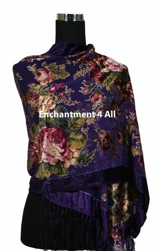 Elegant 100% Silk Burnout Velvet Vintage Floral Oblong Scarf Shawl Wrap,Purple - Picture 3 of 5