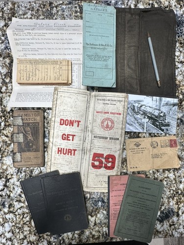 Vintage 1948 B&O Railroad Ephemera Lot Timetable Pouch Safety Rules & Crew Slips