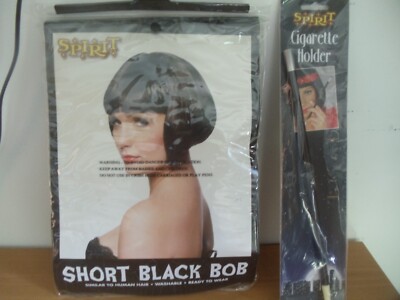 Roaring 20's Gatsby Flapper Bob Black Wig & Cigarette Holder Halloween  Costume