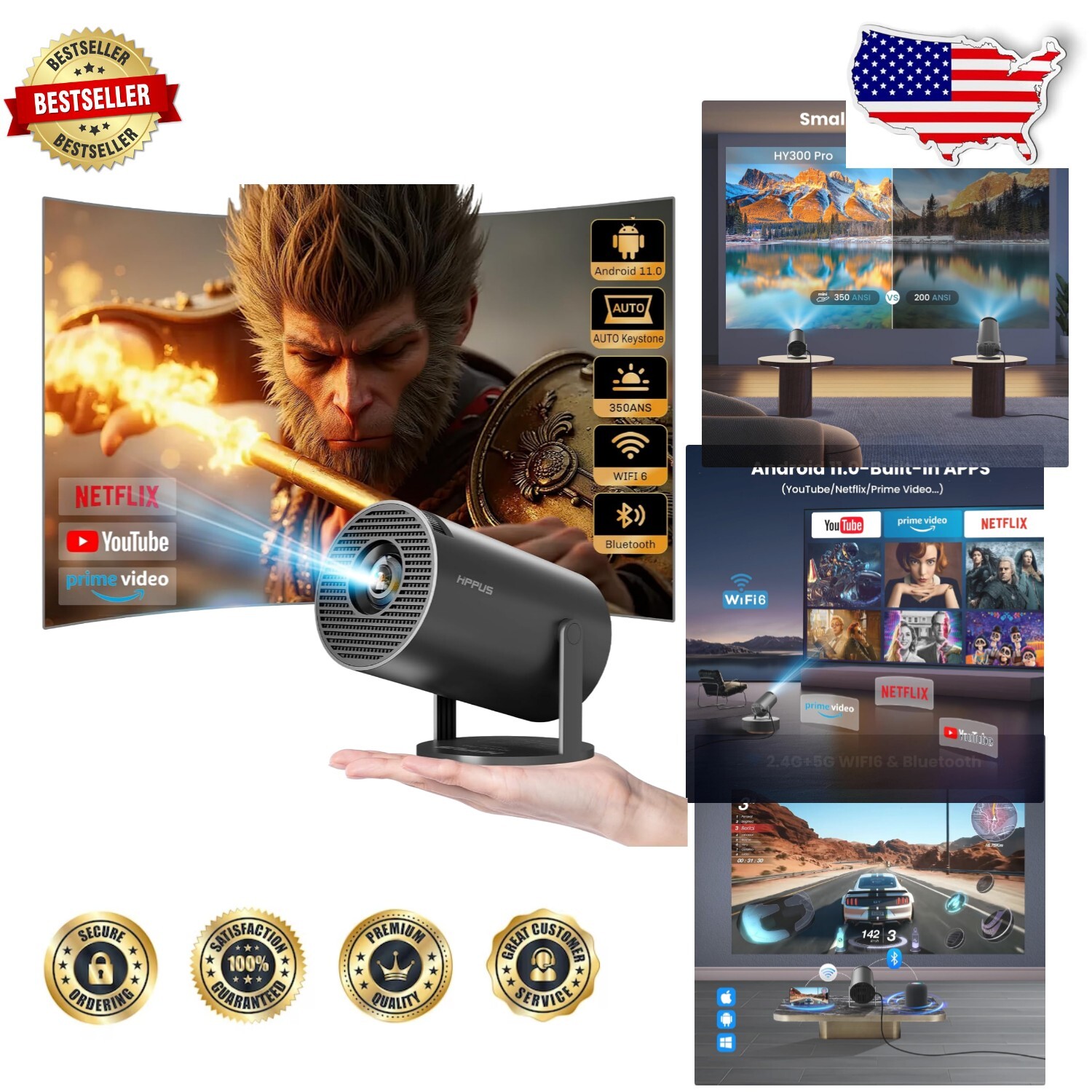 Cordless Ceiling Mini Projector with Android 11 - Short Throw & Built-in Speaker-image