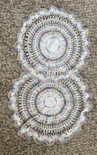 Hand Crochet White Round Doily Table Topper Scarves TWO matching 12" across