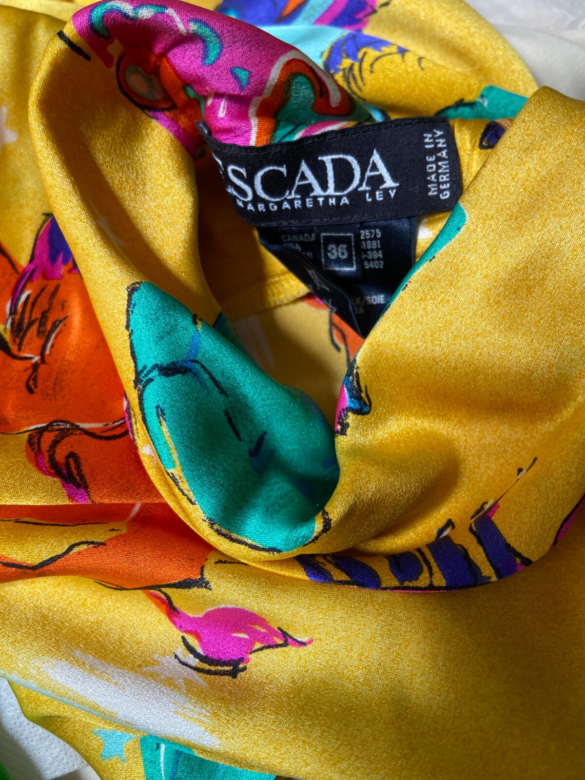 ESCADA VINTAGE SILK BLOUSE IN VIBRANT ZODIAC PRINT HIGH ZIP COLLAR 36 GERMANY image 2