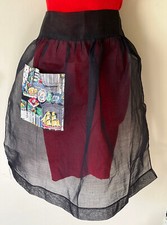 Flirty Vintage 50's Sheer Black Organdy Hostess Apron w Large Colorful Pocket