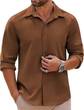 Mens Long Sleeve Stretch Button Down Shirt Casual Untucked Fit Work Office Wear