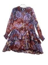 By Anthropologie Floral Ruffle Long Sleeve Sheer V-neck Mini Dress SZ S