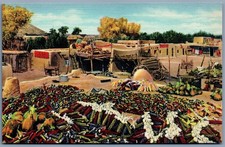 Linen Postcard Harvest Time Santa Clara Indian Pueblo New Mexico corn squash
