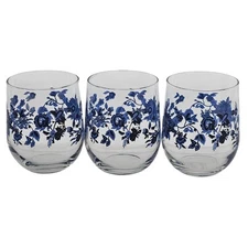 3 Royal Norfolk Blue Floral Juice Glasses Set 16oz black accent flowers 4" 