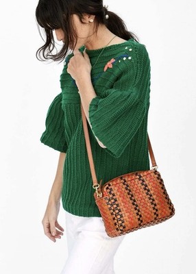 Clare V. Marisol Woven Crossbody Bag Navy Red Tan Woven Check