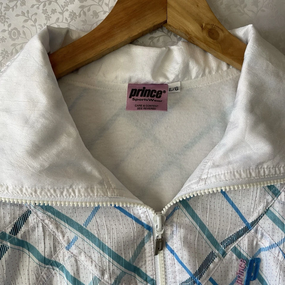 Prince 2 Pcs Set Tracksuit Tennis Jacket Pants blue/whiteF floral L FullZip Vtg - Image 3 of 4