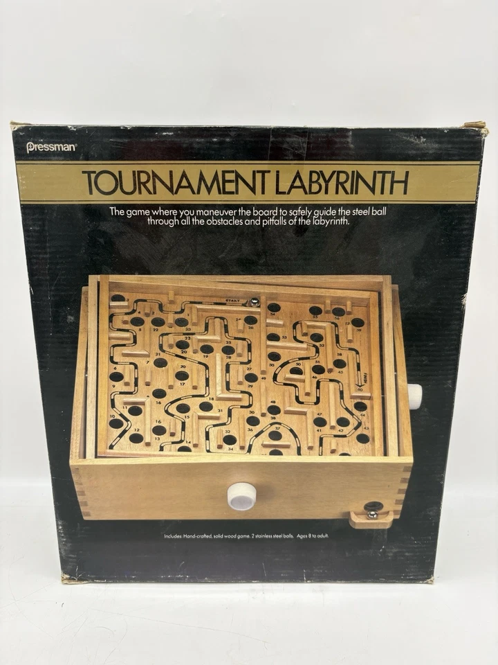 Vintage Pressman Wood TOURNAMENT LABYRINTH Game w/1 Steel Ball & Orig Box #8000 - Image 2 of 4