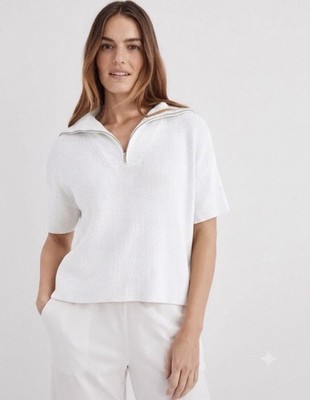 Haven Well Within Small White Cotton Knit 1/2 Zip Short Sleeve Sweater Top S