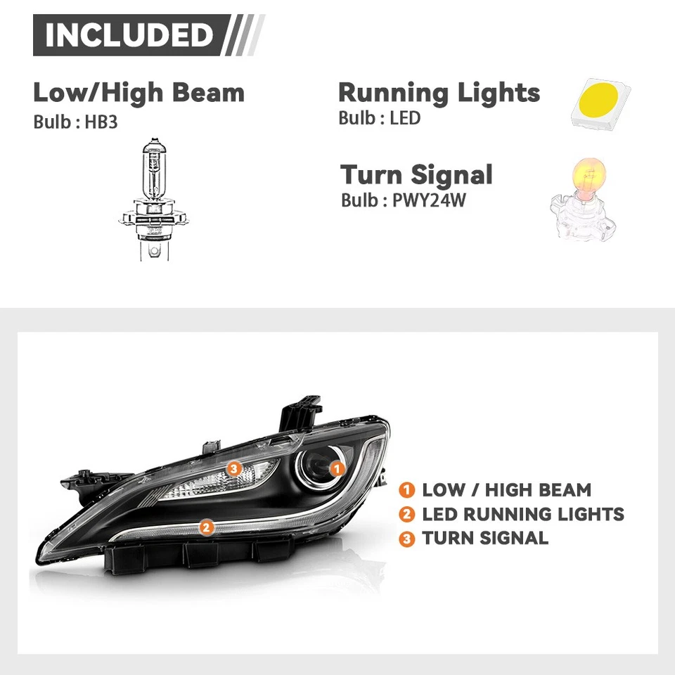 For 2015-2017 Chrysler 200 Halogen Headlight w/LED DRL w/Black Trim 8 pins Pair - Image 3 of 4