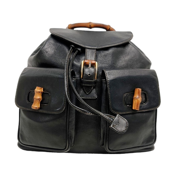 Authentic GUCCI Bamboo 1947 Black Calfskin Leather Medium Top Handle Backpack