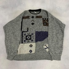 Vintage Knitted Jumper Abstract Patterned Grandad Knit Sweater Men's L