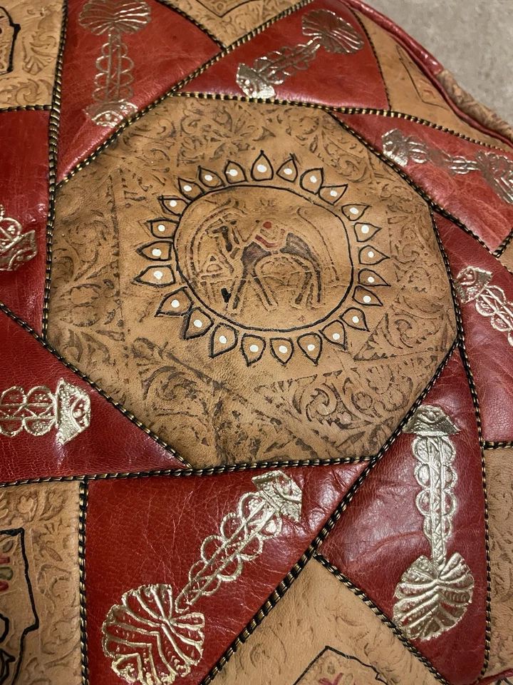 Vtg Handmade Moroccan Round Leather Pouf Red Gold Ottoman Footstool - Image 2 of 4