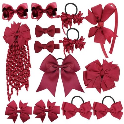 School Hair Accessories Set Bow Headband Clip Tie Toddler Girl Burgundy 14 PCS
