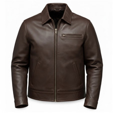 Men’s Classic Brown Genuine Leather Jacket Zip Front Biker Style.
