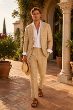 Mens Beige Linen Summer Wedding Suit Beach Vacation Blazer Pants Outfit 2pc Set