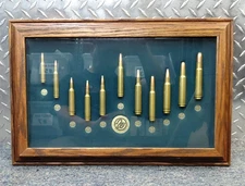 Weatherby Bullet Cartridge Board Vintage Framed in Oak - 12" X 18-1/2" - FREE SH