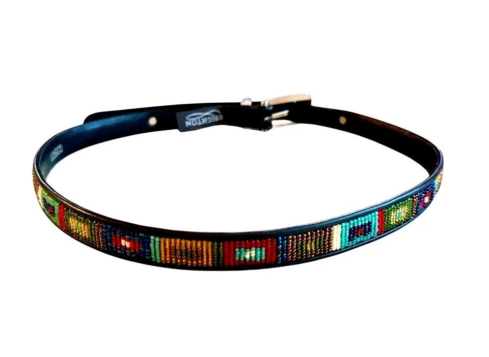 Brighton Skinny Leather Belt Beaded Western Southwestern Black /34" Excellent -A - Image 2 of 4