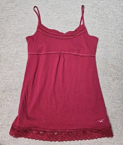 Hollister Tank Top M Red Camisole Babydoll Y2K Vintage Logo Lace Pleated Maroon