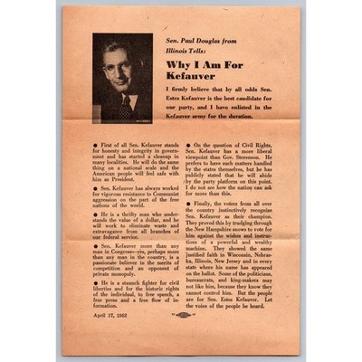 1952 Senator Paul Douglas Tells Why I Am For Kefauver Campaign Flyer Estes