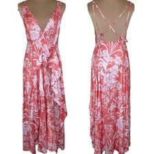 Free People Ashley Slip Dress 8 Womens Pink Plunge Maxi Ruffle Feminine Floral 