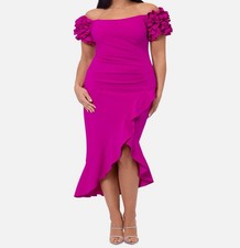 XSCAPE Womens Pink Off-the-Shoulder Ruffled Midi Dress Plus Size 14W