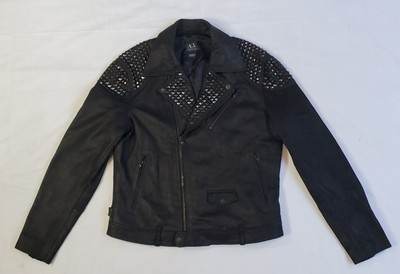 ARMANI EXCHANGE BLACK SUEDE LAMB LEATHER ZIPPER STUDED BIKER