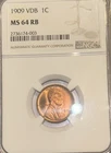 1909 VDB Lincoln Cent NGC MS64 RB