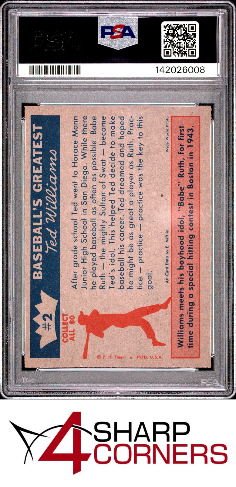 1959 FLEER TED WILLIAMS #2 TED'S IDOL BABE RUTH PSA 6 view 2