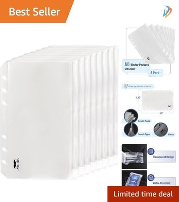Durable 6-Hole A6 Binder Pockets 8-Pack - Clear Zipper Folders for Organization
