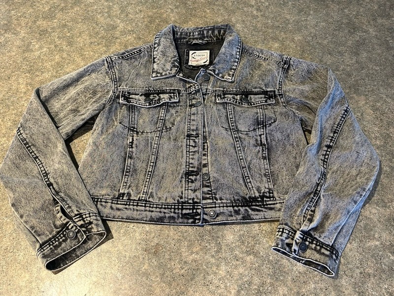 Stoosh Vintage Cropped Denim Jean Jacket Size Large Women's Girls Acid Wash Gray