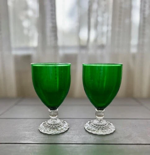 Anchor Hocking Forest Green Bubble Goblet Juice Wine Glasses Set of 2 Vintage