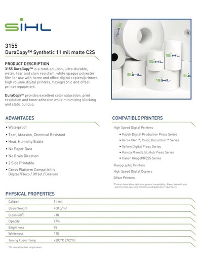 Sihl 3155 DuraCopy™ 11 Mil Synthetic C2S Mayte 8.5”x11” 25 Sheets FREE SHIPPING - Imagen 5 de 14