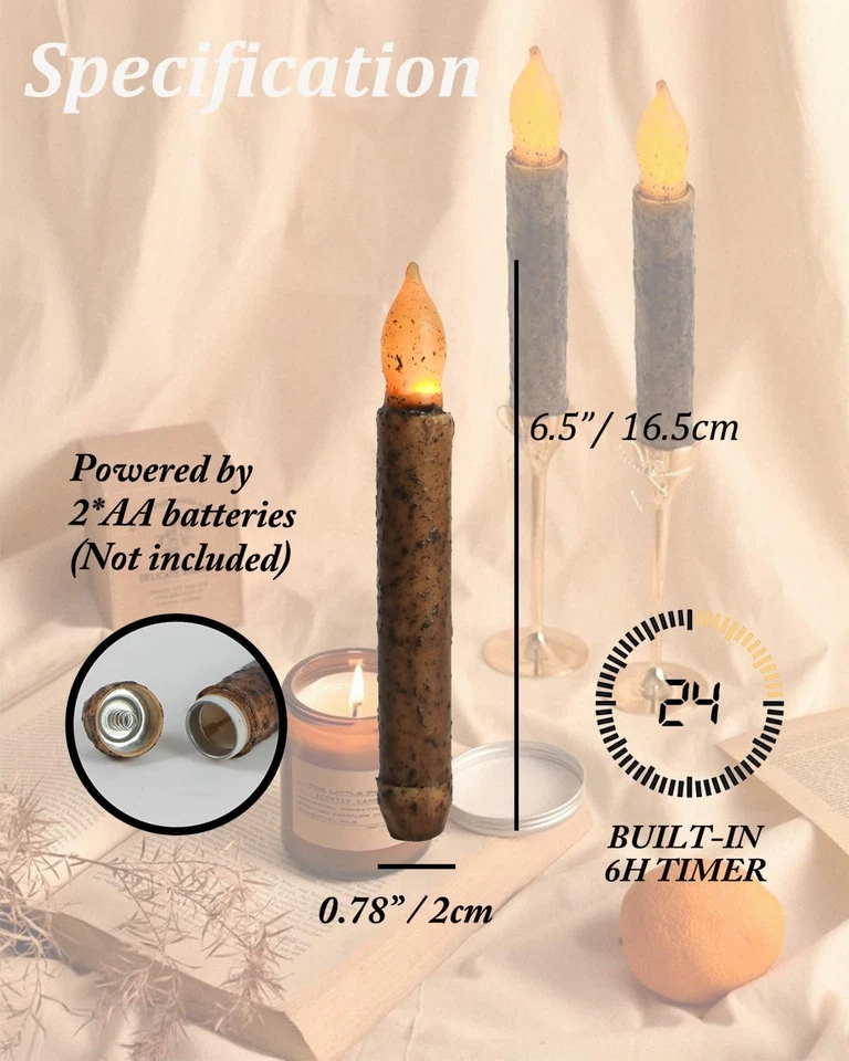 锥形原始蜡烛带定时器 6 件真蜡手工浸电池供电 Fl — 第 2/4 张图片