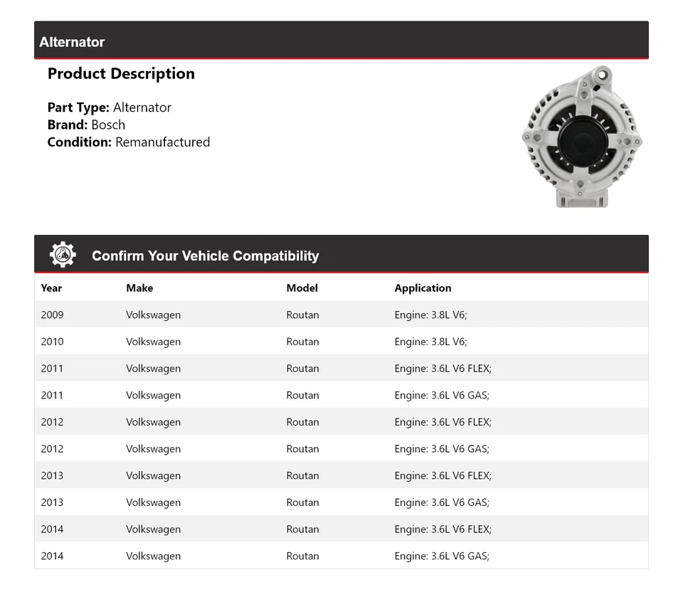 For 2009-2014 Volkswagen Routan Bosch Alternator (Remanufactured) 2010 2011 2012 - Image 2 of 4