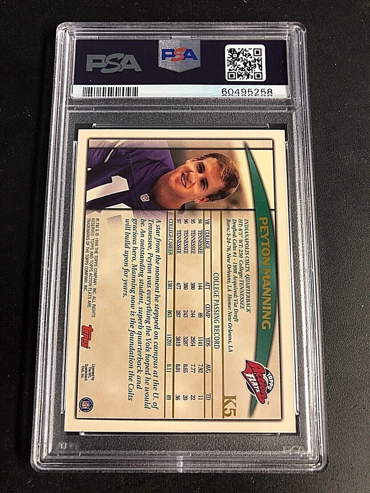 Tarjeta de radiocontrol Peyton Manning 1998 Topps Action Flats novato #K5 graduada PSA 9 como nueva patio Foto 2 de 2