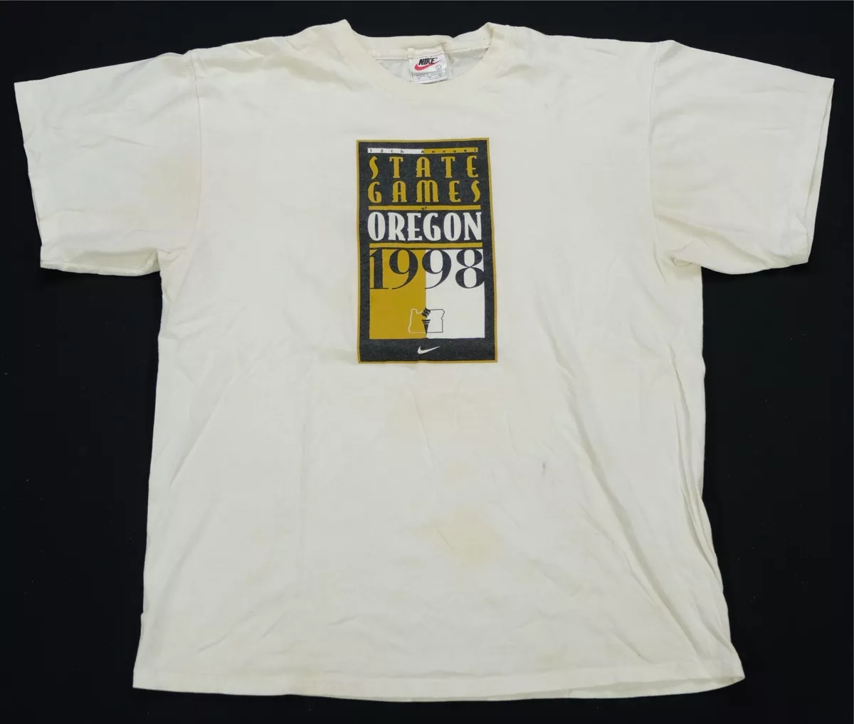 Rare Vintage NIKE State Games Oregon 1998 Sponsors Swoosh T Shirt 90s White SZ L