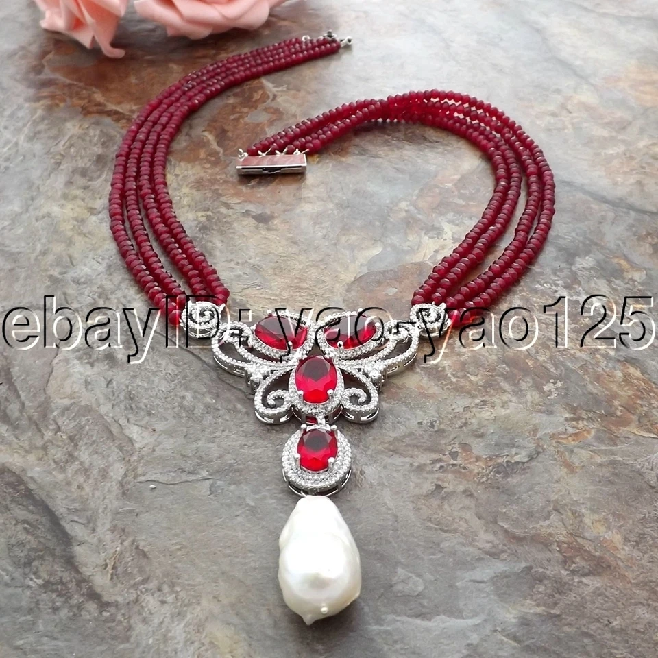 "Collar K062306 19"" 4 hilos de jade rojo blanco perla Keshi circonita cúbica colgante pavé" Foto 4 de 4