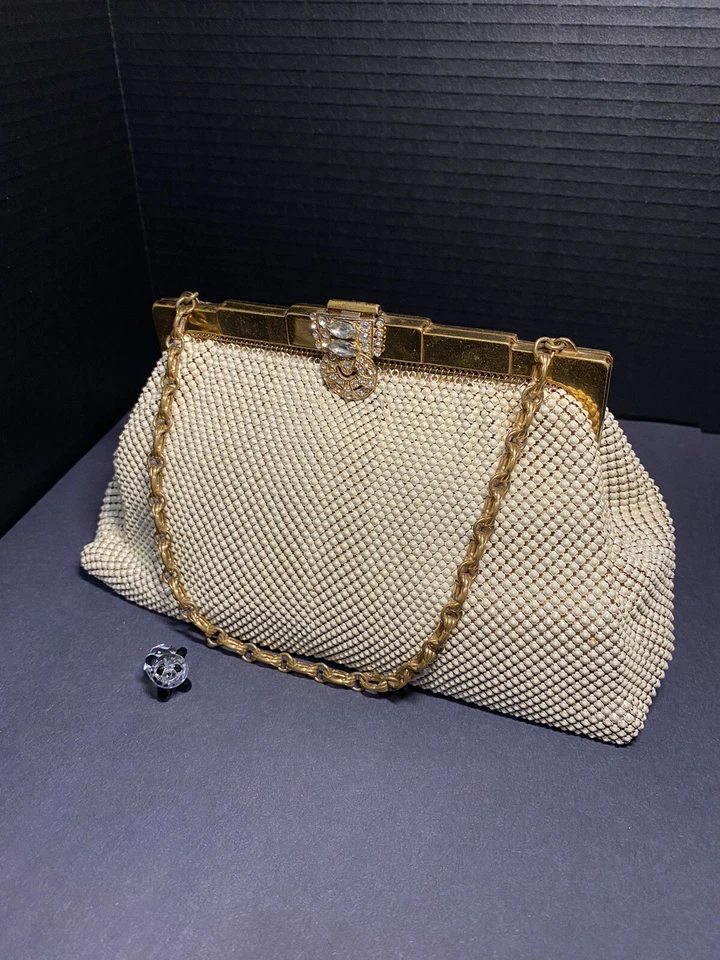 Bolso de Noche Whiting & Davis Marfil Metal Malla Cristal Con Cadena De Colección Foto 2 de 4