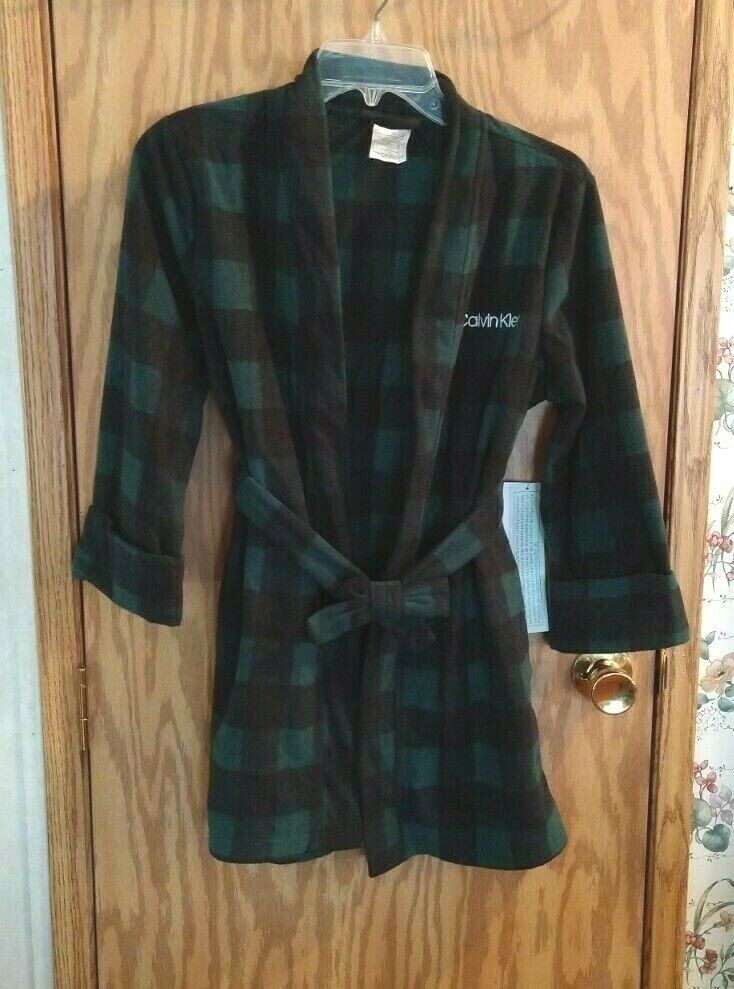 Calvin Klein Unisex sz 7/8 green Plaid Soft Flannel Bath Robe boys girls New