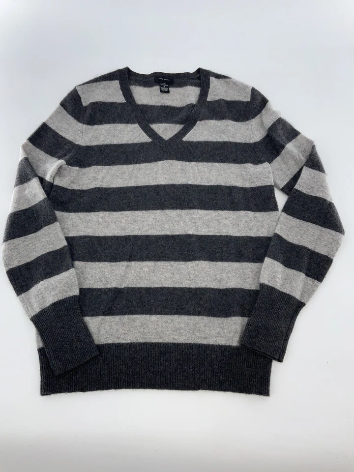 Suéter Only Mine cuello en V para mujer M gris a rayas 2 capas 100 % cachemir YGI B4-6 Foto 2 de 4