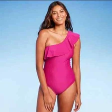 Kona Sol Women's Ruffle One Shoulder High Coverage One Piece Swimsuit Pink 16