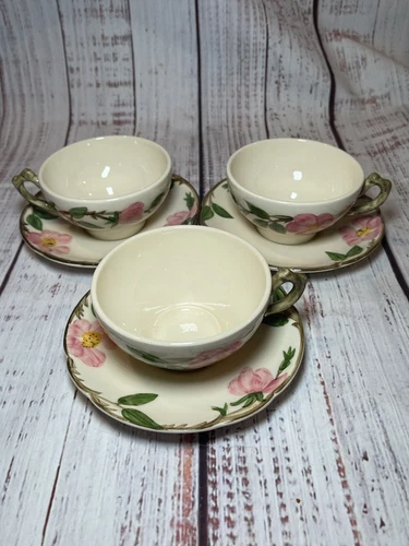 Set Of 3 Franciscan Earthenware Desert Rose Tea Cup Coffee Mug & Saucer 1953-58