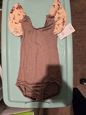 This Tribe of Three Beige Stripe Ruffle Short Sleeve Bodysuit - Size 5/6 NWT