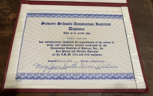 Vintage 1959 Diploma for I.B.M. 024 & 056 Key Punch Machine