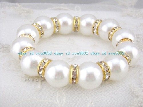 8/10/12 mm Weiße Muschel Perle Gold Kristall Strass Perlen Stretch Armband 7,5 Zoll - Bild 12 von 15